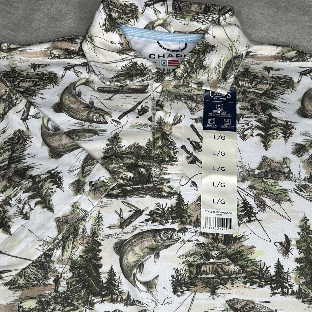 Chaps Polo Shirt Mens Large White Fishing Print Performance DriWear Stretch